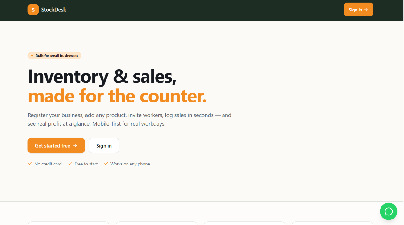 Business Buddy, branded StockDesk in-app — inventory and sales landing page